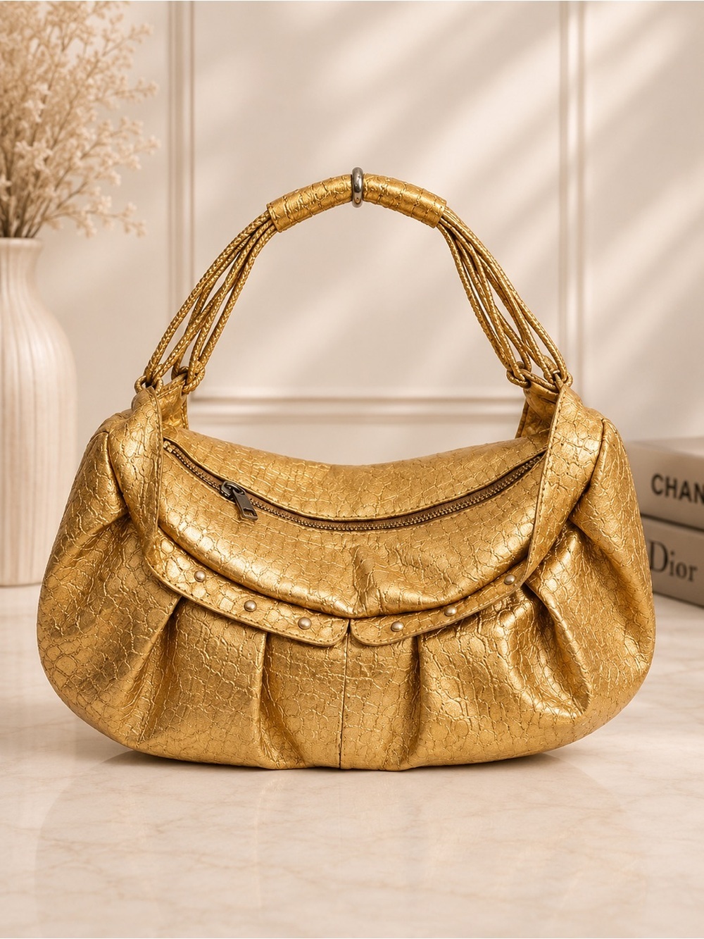 Charlie Lapson Metallic Gold Croc Embossed Hobo Shoulder Bag